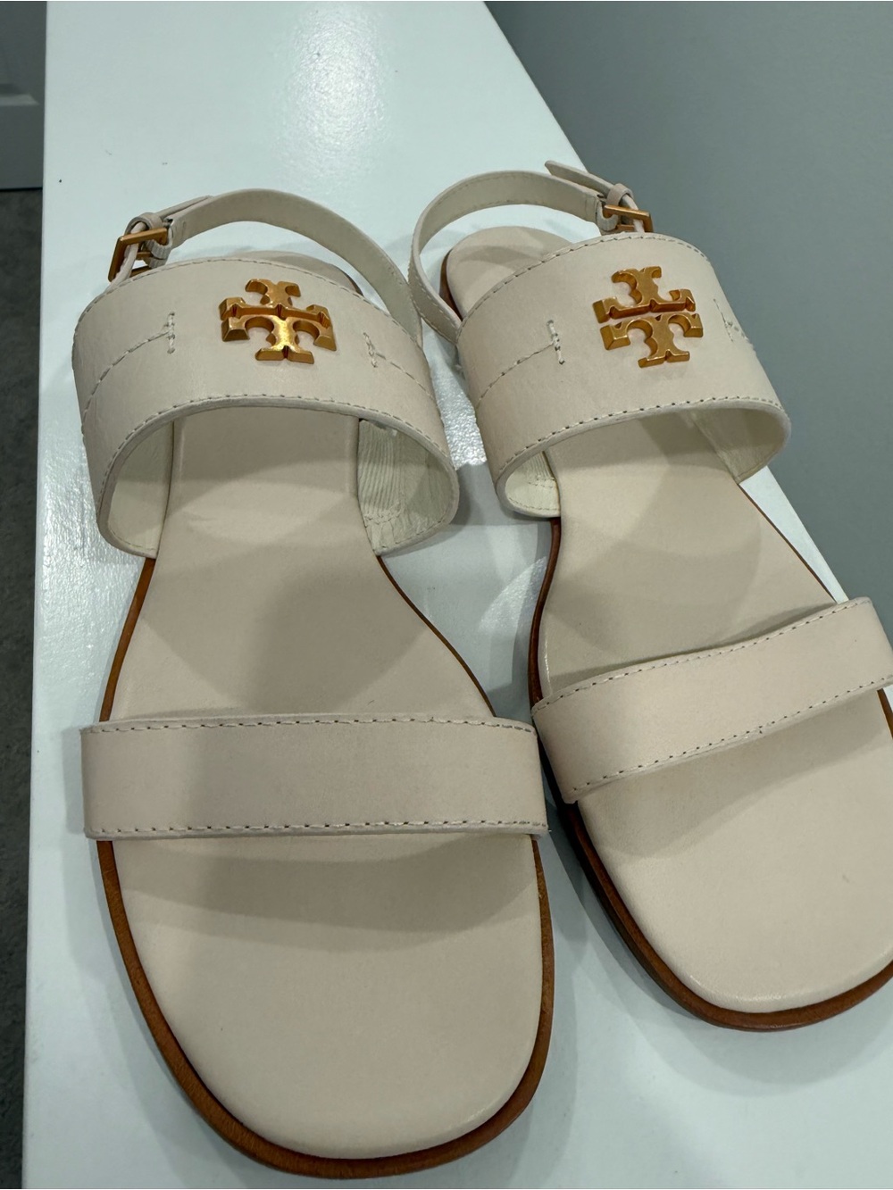 Tory Burch Cream Leather Double-Strap Sandals with Gold Logo Size 10